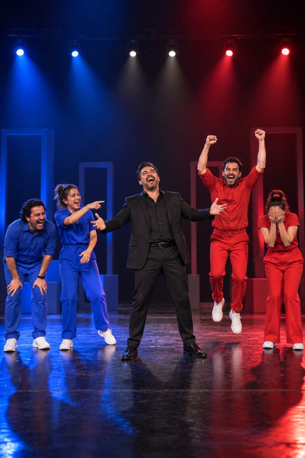 Cinco actores en el escenario bajo luces azules y rojas: un equipo en azul y otro en rojo celebran a carcajadas mientras el presentador de negro abre los brazos al centro.
